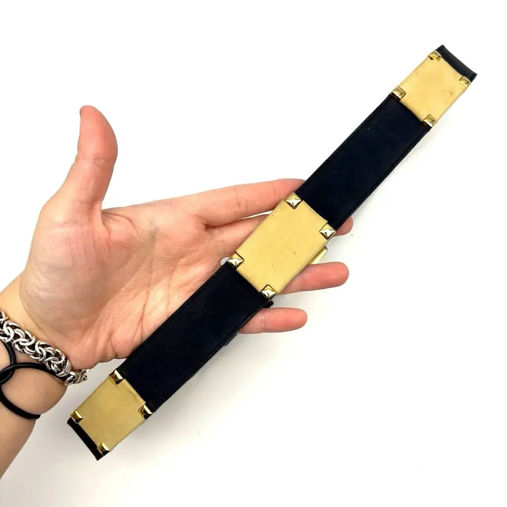 1980s Roberto Bellido Navy & Cream Genuine Leather Gold Studs Waist Belt 29-31